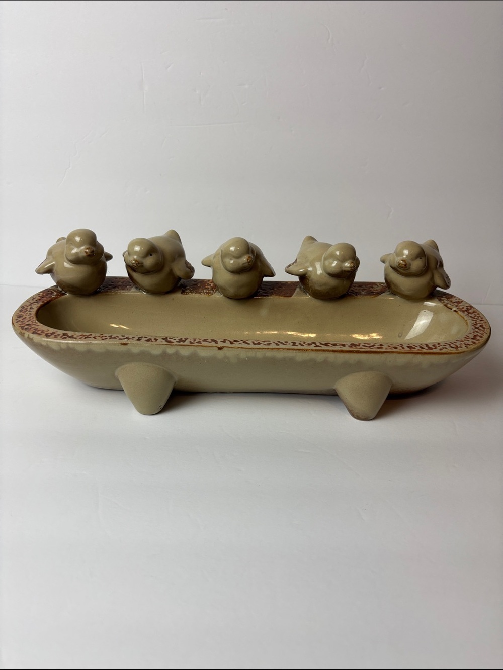 Glazed Ceramic Accent Tray Featuring Five Perched Sculpted Bird figurines